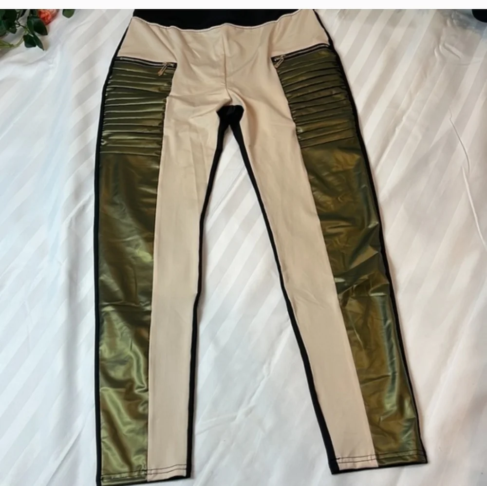 Flamingo Urban Contrast Panel Zipper Detail Faux Leather Moto Pants SzL - Picture 3 of 16